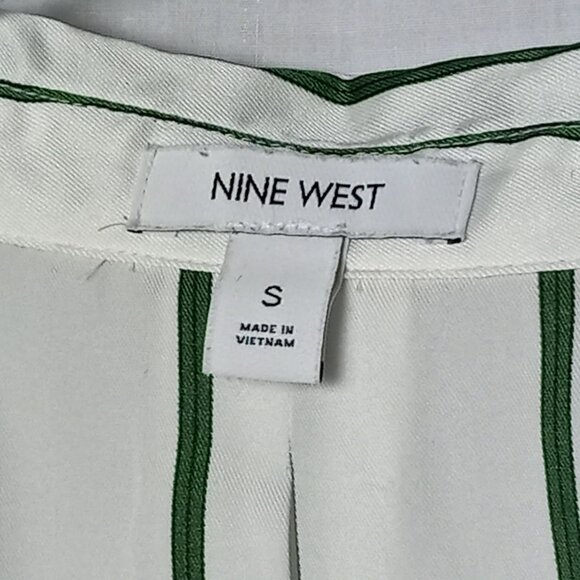 Nine West Green White Striped Women Top Raglan Cuff Sleeve Side Button Collared - Picture 7 of 9